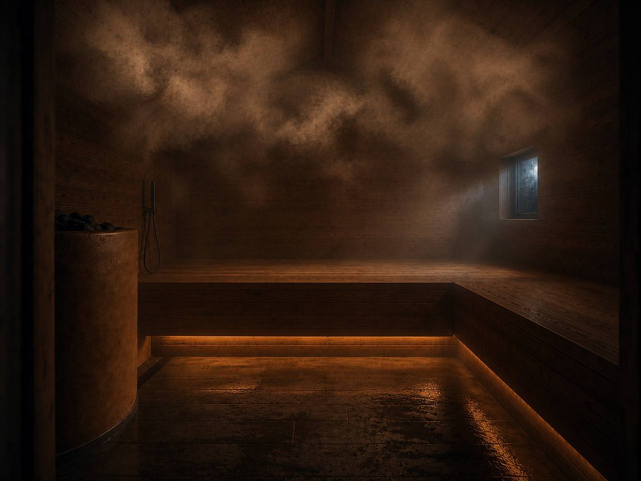 Steam gathering under the ceiling of a dark timber thermal room lit by a warm line of light beneath the bench