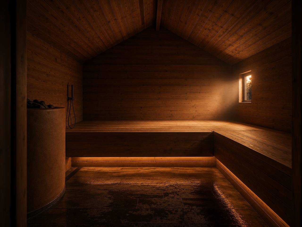 View from the doorway into a warm timber thermal room with a large L-shaped bench and a plaster-clad stove