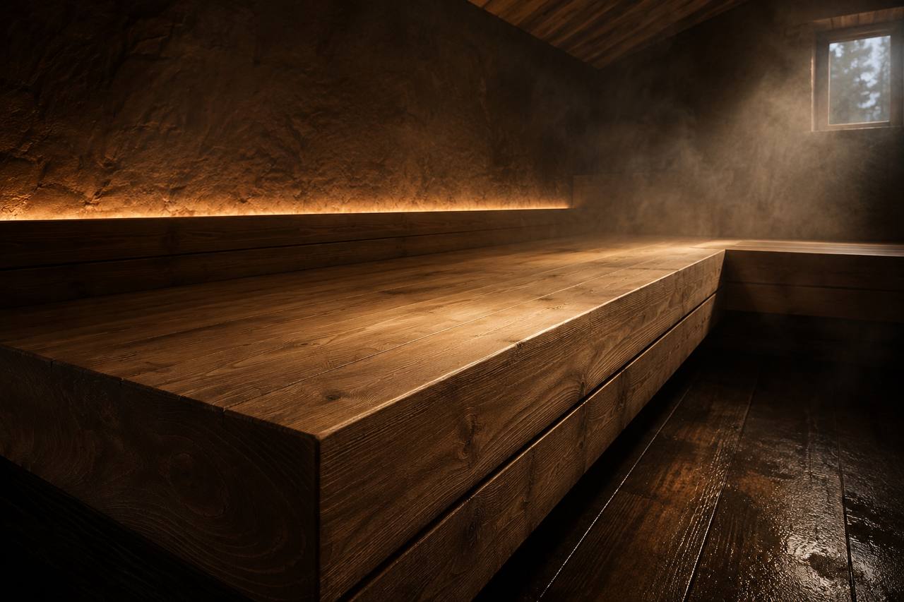 A wide timber bench glowing under a warm line of light in a dark thermal room