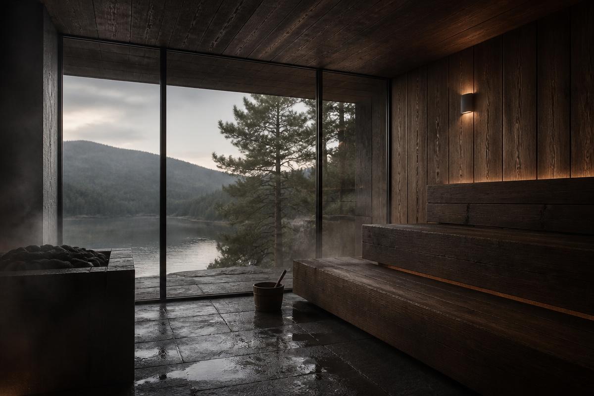 A light timber thermal room with a floor-to-ceiling glazed wall opening onto a lake and forest, with subtle steam