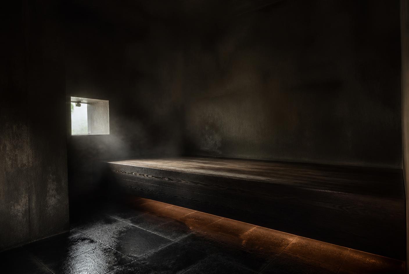 A small window bringing a controlled beam of daylight into a dark timber thermal room with wide benches
