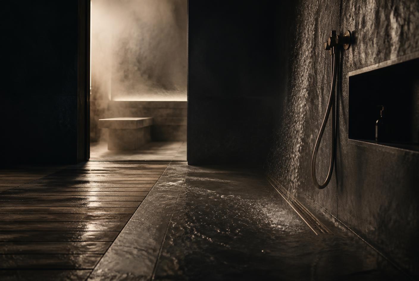A wet stone and timber floor draining beside a bronze shower in a steam-filled room
